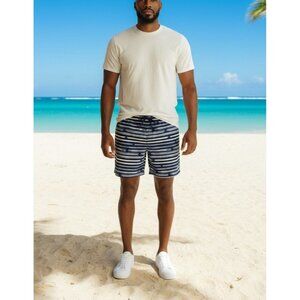 Nautica Mens Large Stripe Swim Trunks Board Shorts Polyester Navy & White Inside